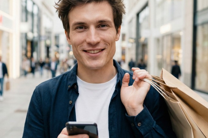 Ein Mann mit Einkaufstaschen am Arm und Smartphone in der Hand steht in einer Einkaufstraße